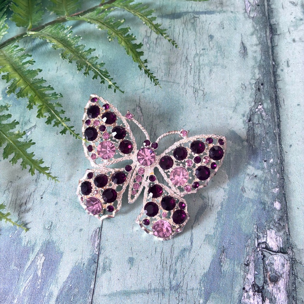 Vintage Rhinestone Butterfly Brooch, Silver Tone,‎ Pink Lilac Purple Sparkle Pin